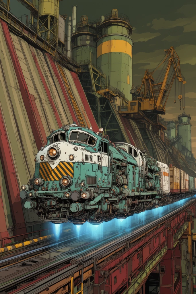 A retro-futuristic hover train glides along an elevated track through a dense industrial complex. The intricately greebled teal and white locomotive features hazard stripes and emits glowing blue downward thrust, pulling cargo cars past towering sloped facades, cylindrical silos, and heavy cranes beneath a dusky sky. The scene is rendered in crisp cel-shaded line art emphasizing immense mechanical complexity with a muted palette of olive green, rust red, and mustard yellow.