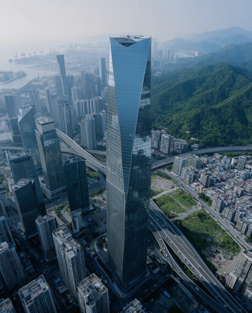Aerial photograph of a soaring, faceted glass skyscraper with an angular profile, dominating a dense modern skyline. Elevated highways weave between sharp-edged high-rises, undeveloped green plots, and packed residential blocks below. The cool, hazy lighting extends to a distant industrial harbor and lush green mountains under a pale sky.