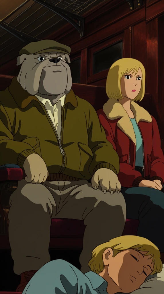 Two passengers sit side-by-side in a dimly lit, wood-paneled train cabin viewed from a low angle. A bulky anthropomorphic bulldog wearing an olive bomber jacket and flat cap rests his large hands on his lap, sitting next to a short-haired blonde woman in a red aviator jacket staring intently ahead. The traditional 2D cel-shaded animation uses muted lighting to cast deep shadows across their faces, with a third passenger sleeping in the lower foreground.