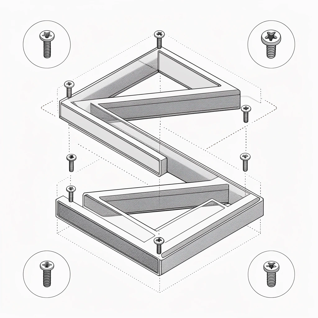 isometric assembly diagram of a 3D zig-zagging geometric structure, monochrome technical line art, halftone shading, floating screws, dotted guide lines, circular inset hardware details, flat white background