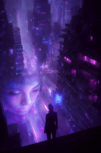 Atmospheric Neon Dystopia style reference image — cyberpunk megacity