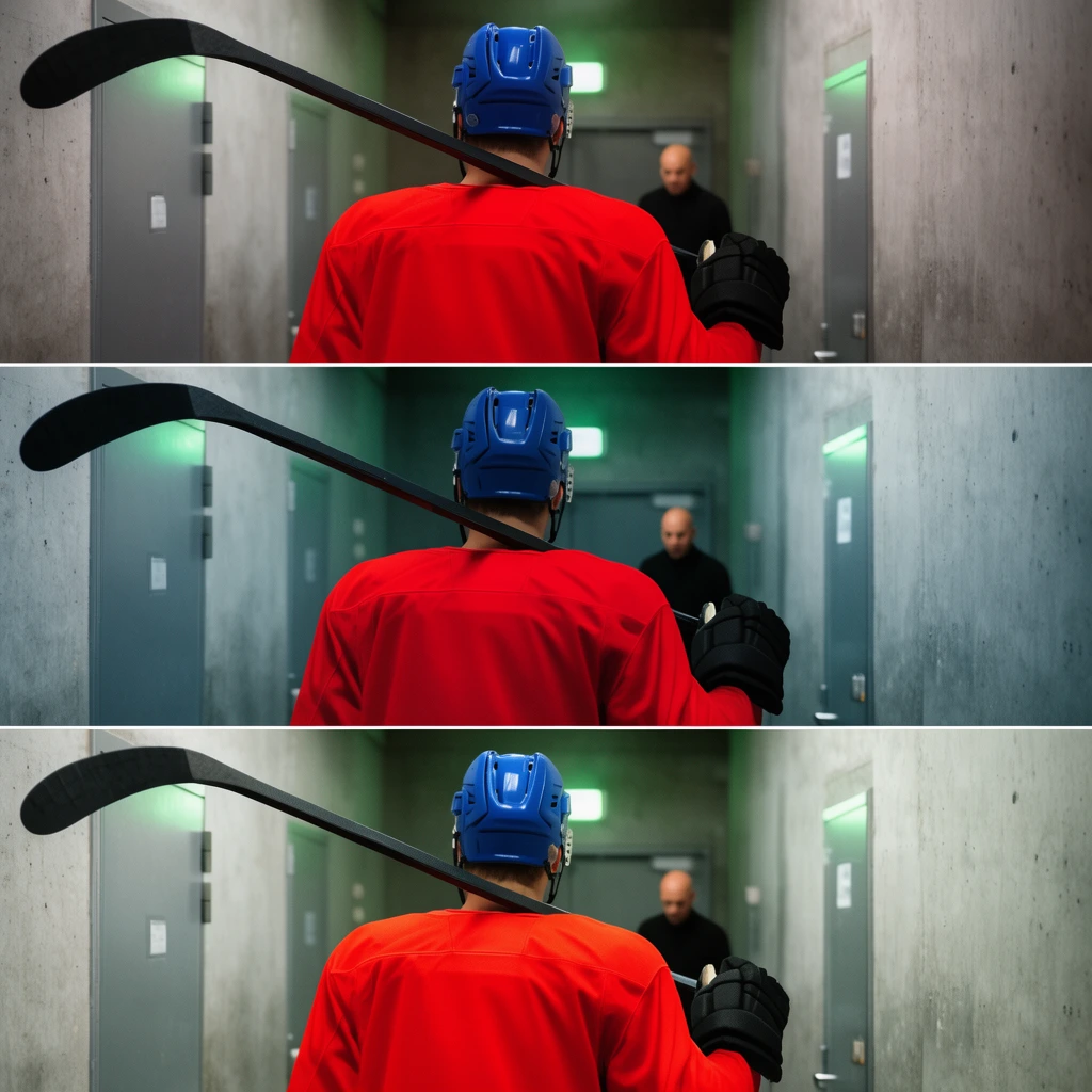 A vertical triptych comparing color grading styles, showing a hockey player walking down a narrow concrete corridor. Viewed from behind, the player wears a bright red jersey, blue helmet, and black gloves, carrying a dark stick over one shoulder. Grey metallic doors line the walls. In the background, a bald figure in dark clothing stands near a glowing green light fixture.