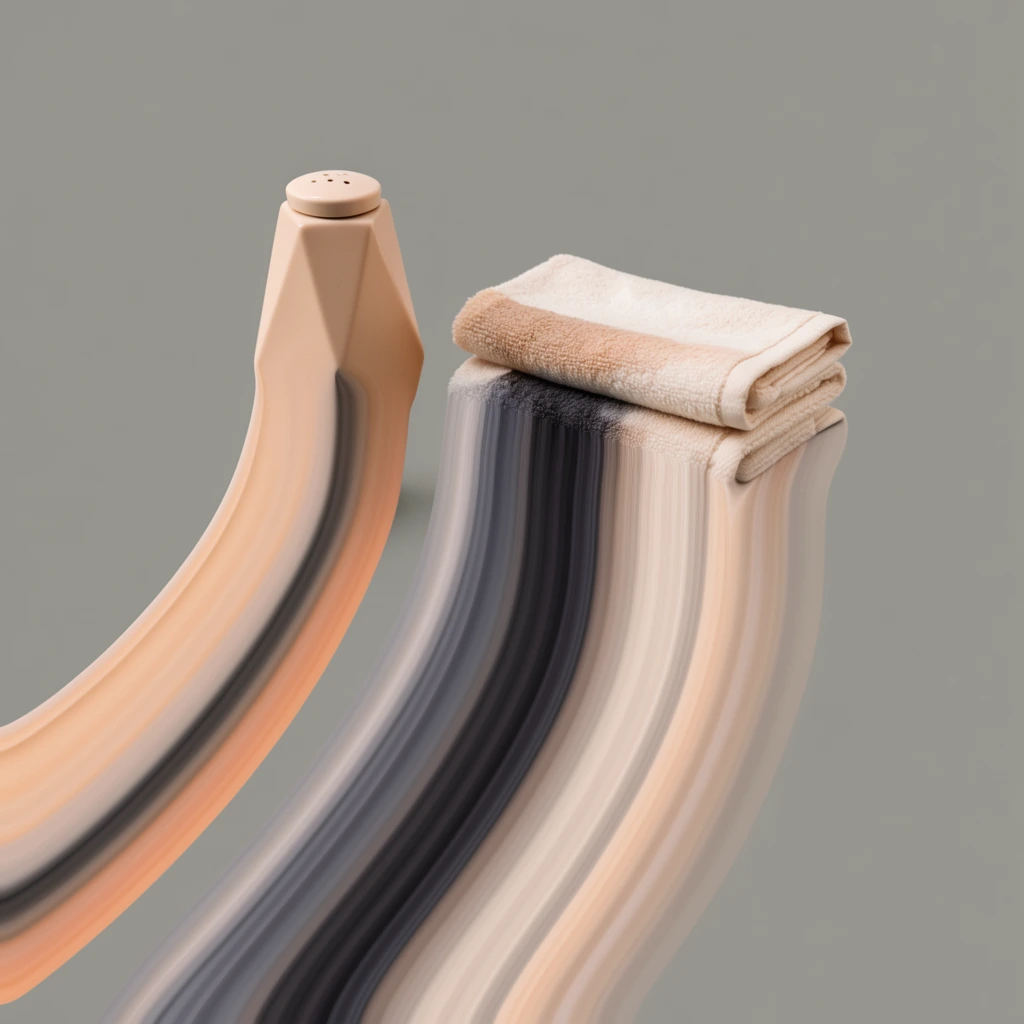 A geometric salt shaker positioned next to a folded towel, subjected to a heavy digital distortion effect where their lower halves seamlessly elongate downward into smooth, sweeping, curved vertical bands. The elongated forms create continuous, ribbon-like striations flowing diagonally toward the bottom left, featuring a softly blended color palette of warm peach, pale beige, dark charcoal, and muted grey. The crisp, intact upper structures of the shaker and the towel transition directly into these stretched, liquid-like graphic streaks. The subjects are isolated against a flat, matte, neutral grey background. Soft, evenly diffused studio lighting bathes the entire composition, highlighting the hyper-smooth, matte textures across both the rigid objects and the flowing, stylized distortion.