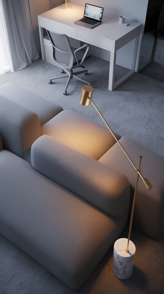 high-angle view of minimalist interior, textured grey modular sofa, gold floor lamp on marble base, white desk, mesh office chair, open laptop, grey carpet, contrasting warm and cool lighting, 3D architectural rendering
