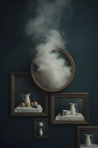 Ethereal Surrealist Minimalism style reference image — volumetric white elements