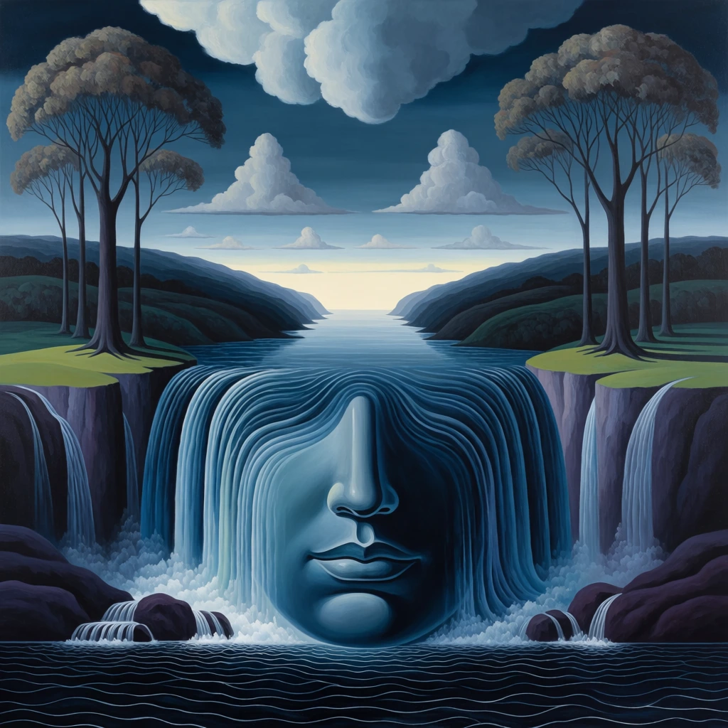A surreal landscape painting depicts a large, serene human face formed by a central waterfall that flows into a dark blue body of water. The face, composed of smooth, blue-tinted water, features a prominent nose, closed mouth with full lips, and a rounded chin, emerging seamlessly from the falling vertical streams. On either side of this central face, multiple thin curtains of white and blue water cascade down from grassy, dark green plateaus. Two lone, dark-trunked trees with sparse, brownish-grey foliage stand atop these plateaus, one on the left and one on the right, framing the scene. In the distance, a narrow river flows between rolling hills toward a bright, pale yellow horizon. The sky is a deep blue-grey, filled with large, billowing clouds at the top and several small, triangular, grey clouds floating lower down. The foreground consists of rippling dark blue water with fine white lines representing waves where the waterfalls plunge into the pool. The overall composition is symmetrical, utilizing a cool color palette dominated by shades of navy, slate blue, and deep purple, rendered in a smooth, polished artistic style characteristic of surrealism. Lighting appears to originate from the distant horizon, casting soft highlights on the facial features and the edges of the cascading water.