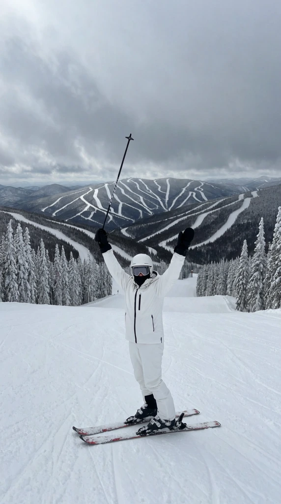 A skier in a white snowsuit, helmet, and goggles stands on a groomed snowy slope with arms raised high, holding a black ski pole. The expansive background features snow-flocked evergreen trees, distant mountain ranges intersected by winding ski trails, and a heavy gray overcast sky.