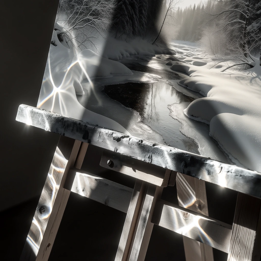 minimalist close-up of a raw wooden easel holding a canvas depicting a frozen creek, hard directional sunlight creating intricate caustic light patterns and sharp high-contrast shadows across the rough surfaces, monochromatic desaturated color palette of charcoal and brilliant silvery whites, ethereal and crisp aesthetic, high-fashion brand photography style, tactile wood grain, crystalline snow textures, sharp highlights, professional lens flare, clean and sophisticated composition.