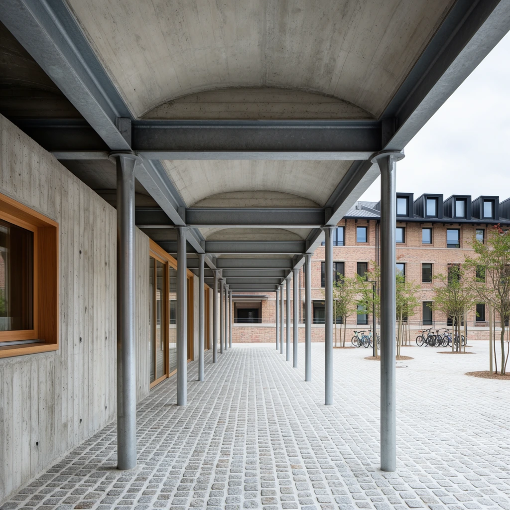 A modern colonnade featuring slender cylindrical steel columns supporting heavy grey I-beams and shallow concrete ceiling vaults. A board-formed concrete wall on the left includes a warm wooden window frame and large glass panels. The ground is covered in a precise grid of light grey cobblestones. To the right, an open courtyard contains sparsely planted young trees and parked bicycles. A multi-story brick building with dark dormer windows anchors the background under soft, overcast daylight. Wide-angle architectural photography uses strong leading lines to emphasize deep perspective.