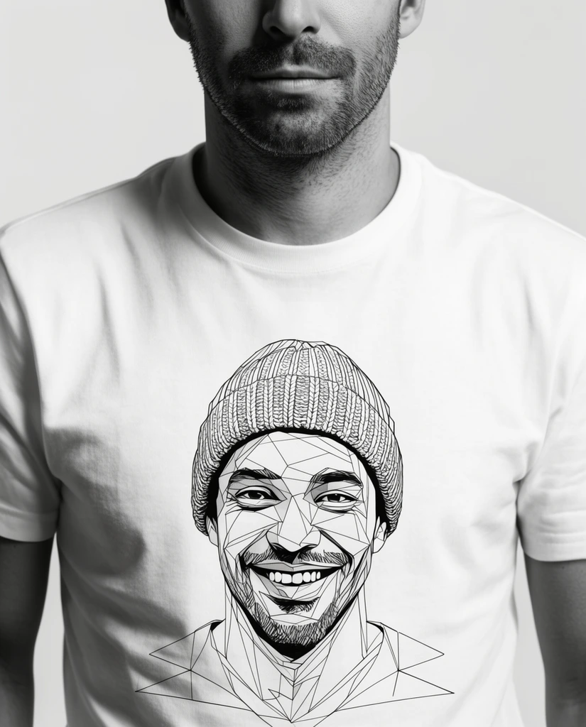 black and white portrait, man cropped below eyes with stubble beard, white t-shirt with geometric line art of a smiling man in a knitted beanie, plain light background, sharp studio lighting