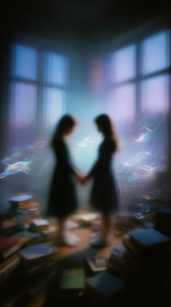 Two silhouetted girls hold hands among scattered books near large background windows, rendered in a heavily blurred, ethereal long-exposure style. Glowing, iridescent wavy light trails float through the air around the figures. Extreme motion blur and prominent film grain obscure distinct edges, creating a hazy atmosphere. The color palette features muted twilight tones of deep blues, soft cyans, and purples, framed by heavy dark vignetting. A soft central light emanates from the windows, contrasting with the darkened, indistinct forms of the girls and books.