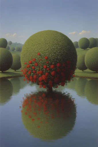Surreal Liminal Pastoralism style reference image — manicured green fields