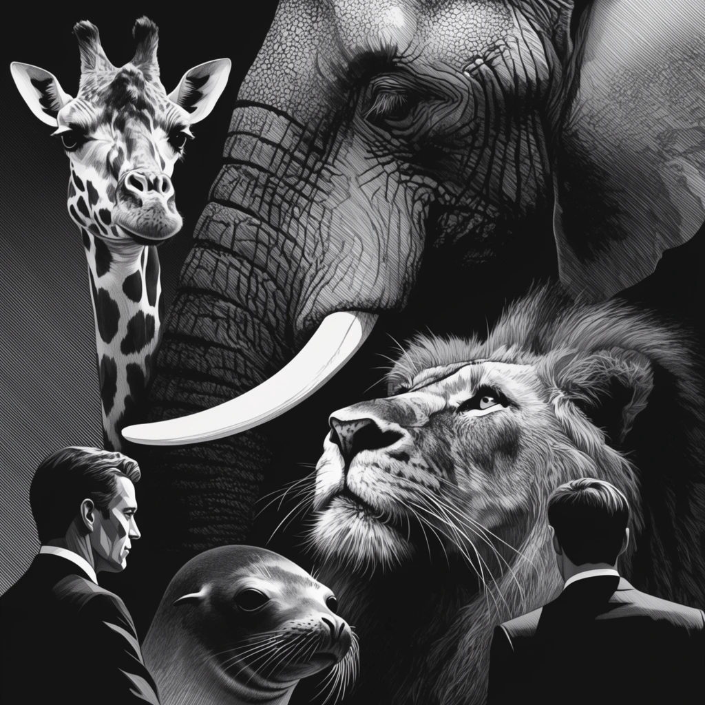 A high-contrast black-and-white graphic illustration forms a dense collage of wild animals and suited men. A giraffe faces forward beside the massive, wrinkled profile of an elephant featuring a prominent curved white tusk. Below the tusk, a lion gazes upward with thin white whiskers radiating into deep shadows, positioned near the smooth head of a seal. Two men in formal suits anchor the bottom corners, one in sharp profile and the other seen from behind. Solid black negative space and precise diagonal cross-hatching in the background create a dramatic chiaroscuro effect.