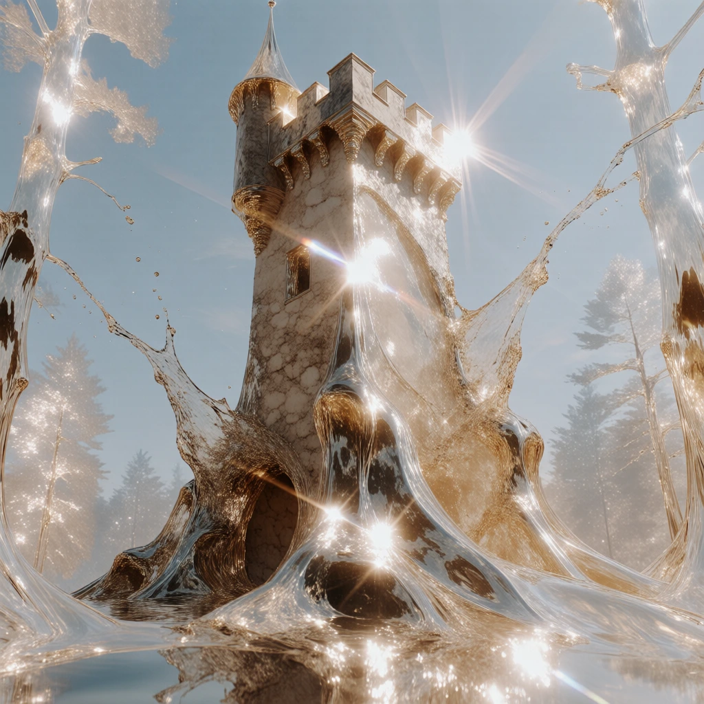 majestic stone tower in a forest clearing, reimagined as a fluid sculpture of translucent liquid glass and molten amber, crystalline textures, brilliant sunlight glints and sharp lens flares reflecting off refractive surfaces, dynamic splashes of golden water frozen in mid-air, surrounding trees rendered in the same sparkling viscous fluid, high-end cgi aesthetic, ethereal golden hour glow against a pale blue sky, hyper-detailed liquid and glass materials