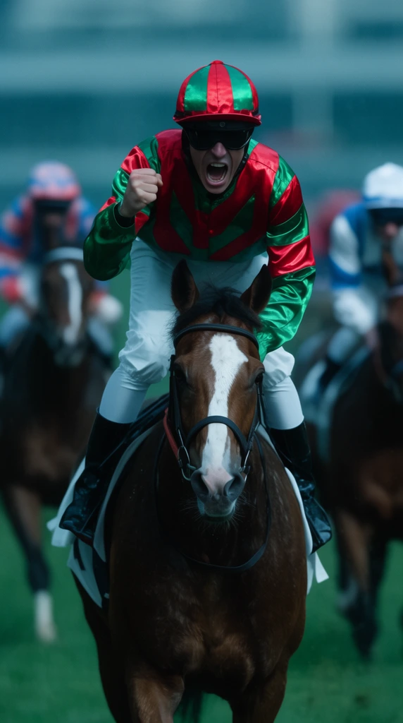 shouting jockey on brown horse with white facial blaze, clenched fist, shiny red and green silk racing shirt, matching helmet, blurred competing horses and riders in background, green track, shallow depth of field, dynamic sports photography, cool cinematic color grade