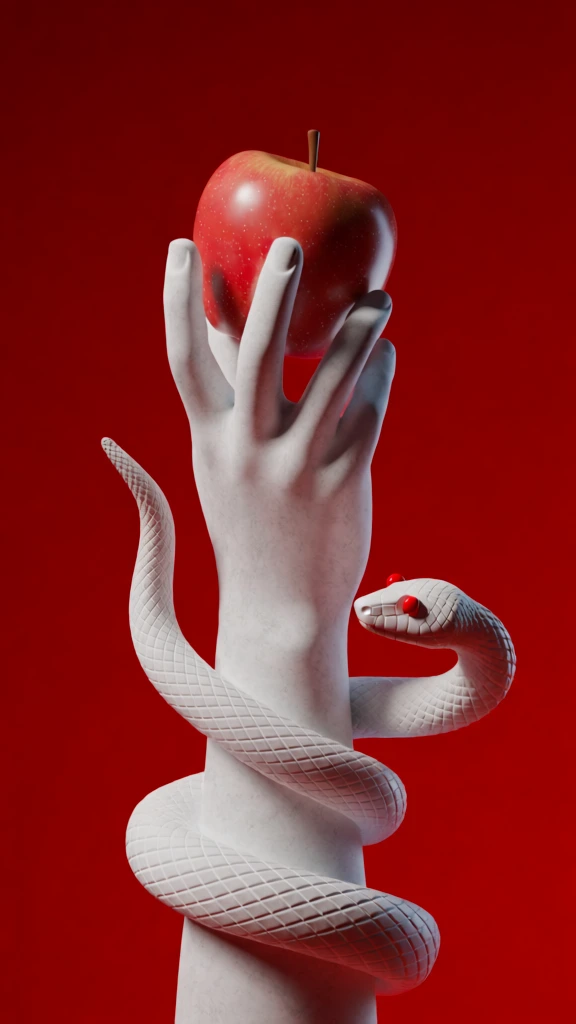 A pale white, sculptural arm and hand extend vertically from the bottom of the frame, holding a glossy red apple against a solid dark red background. The hand, which has a smooth matte finish resembling plaster or marble, has its fingers spread to support the weight of the apple from underneath. The apple sits at the top of the composition, featuring a vibrant crimson skin with tiny pale flecks and a short, dark brown stem pointing upward. Wrapped twice around the lower forearm is a white snake with intricate, interlocking diamond-patterned scales. The snake’s head rests on the right side of the arm, featuring small, bead-like eyes of a piercing solid red. The lighting is crisp and directional, coming from the upper left and casting soft shadows on the right side of the arm and between the coils of the snake, which highlights the physical texture of the scales and the smooth contours of the hand. The entire scene is centered and framed vertically, creating a stark, high-contrast, and minimalist aesthetic with a focus on the three-dimensional forms of the subjects.