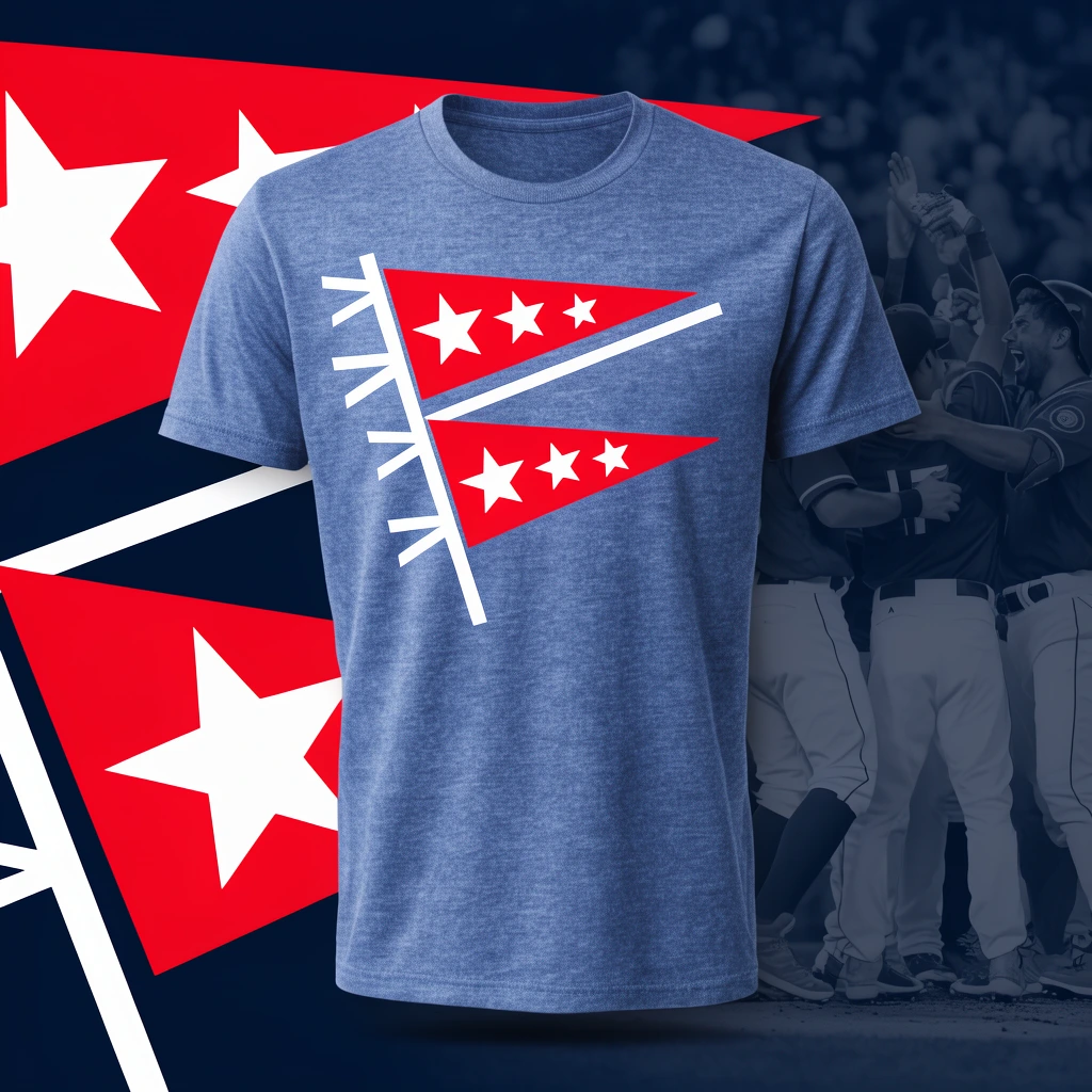 A heather blue t-shirt is centered against a dark navy background, featuring a front graphic of red pennant flags and white stars. The dynamic backdrop merges large red and white angular vector graphics on the left with a darkly tinted, blurred photo of celebrating baseball players on the right. Crisp studio lighting highlights the fabric texture within the high-contrast sports promotional composition.