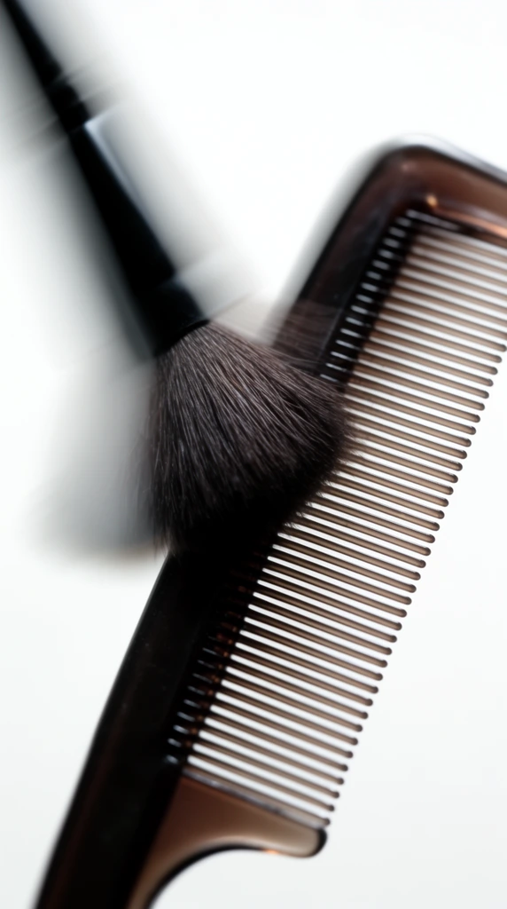 A black-handled makeup brush intersects a dark brown translucent comb against a stark white background in a high-contrast macro photograph. The soft, dark bristles merge visually with the rigid, evenly spaced teeth of the comb. An in-camera motion blur creates a ghostly, out-of-focus duplicate of the brush sweeping diagonally across the upper left. The abstract composition features an extremely shallow depth of field, focusing sharply only on the point where the bristles press into the comb.