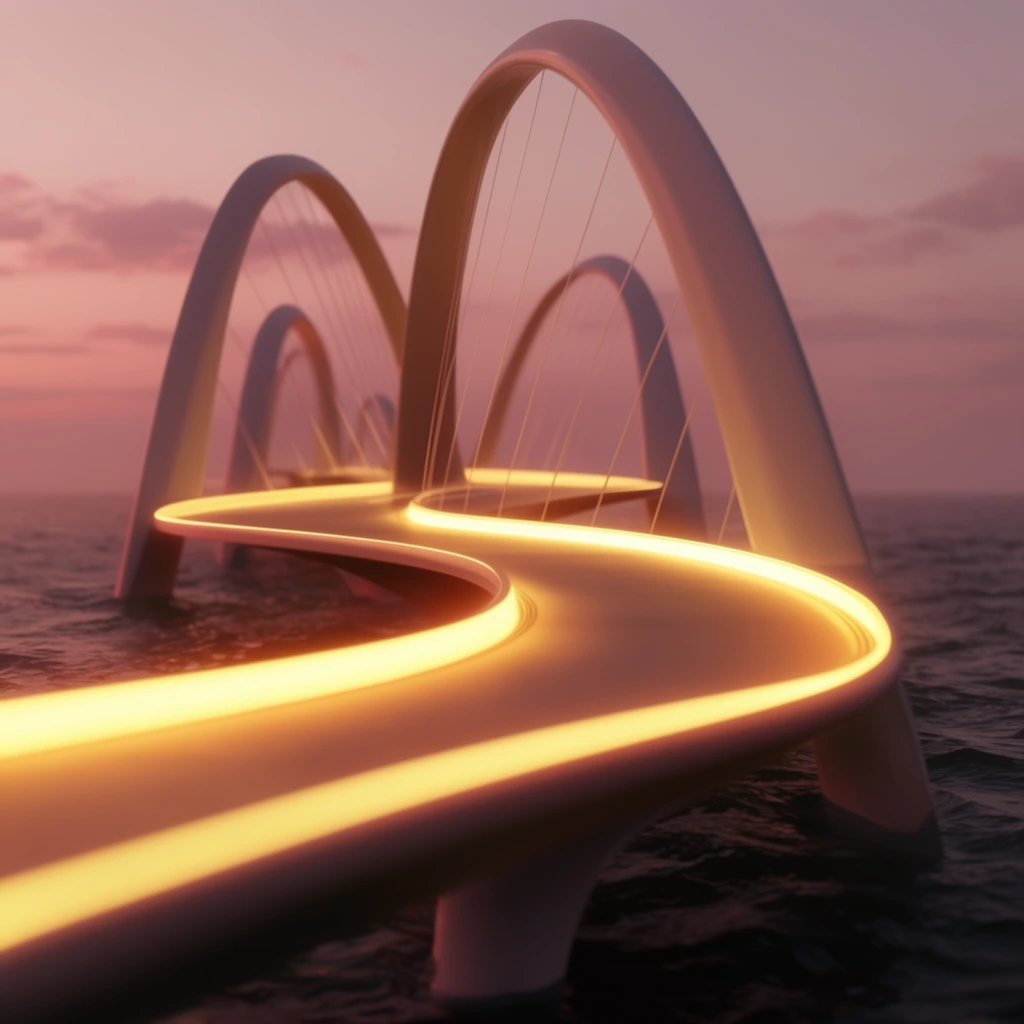 A futuristic undulating bridge curves over a dark ocean under a dusky pink sunset. The smooth pathway features intensely glowing yellow edges. Massive pale arches support the structure with thin cables, repeating into the distance. Cinematic 3D render with shallow depth of field.