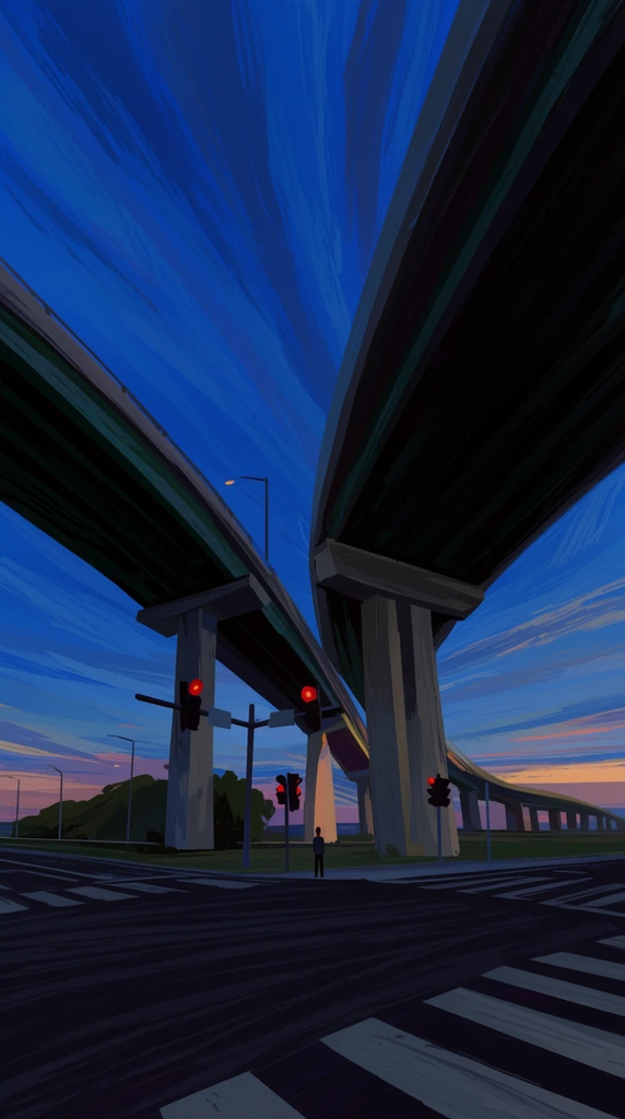 A stylized digital painting of massive highway overpasses looming above a twilight intersection. A tiny figure stands by glowing red traffic lights beneath heavy concrete pillars. Bold, sweeping brushstrokes texturize a deep blue sky fading to a warm horizon, contrasting with dark asphalt in a striking wide-angle perspective.