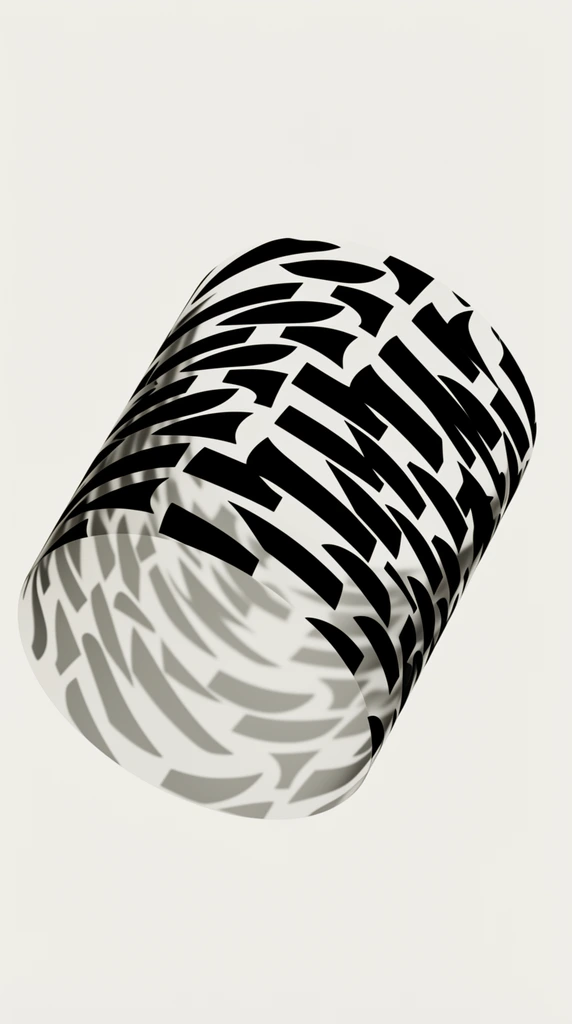 floating 3D cylindrical volume angled diagonally against a stark off-white background, exterior wrapped in a high-contrast pattern of thick curving black geometric shapes, abstract rhythmic strokes distorting around the curved surface, lower section revealing a translucent gray mirrored pattern receding into the interior, bold monochromatic palette, optical illusion of mapped surface textures, smooth matte lighting, contemporary graphic design aesthetic, striking volumetric form