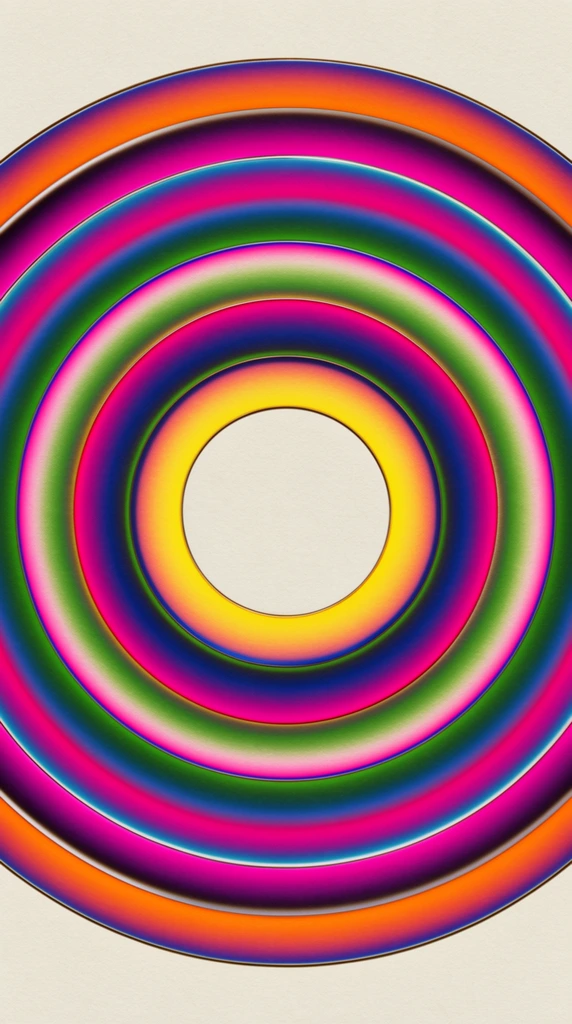 perfectly circular geometric abstraction, concentric rings of vibrant gradient colors on an off-white textured background, central circular void, luminous yellow inner ring, alternating bands of rich magenta, deep blue, vibrant green, hot pink, warm orange, smooth color gradients within bands, sharp dark defining lines separating zones, subtle metallic sheen, optical art style, perfectly symmetrical composition, fine grain paper texture, high contrast saturated palette