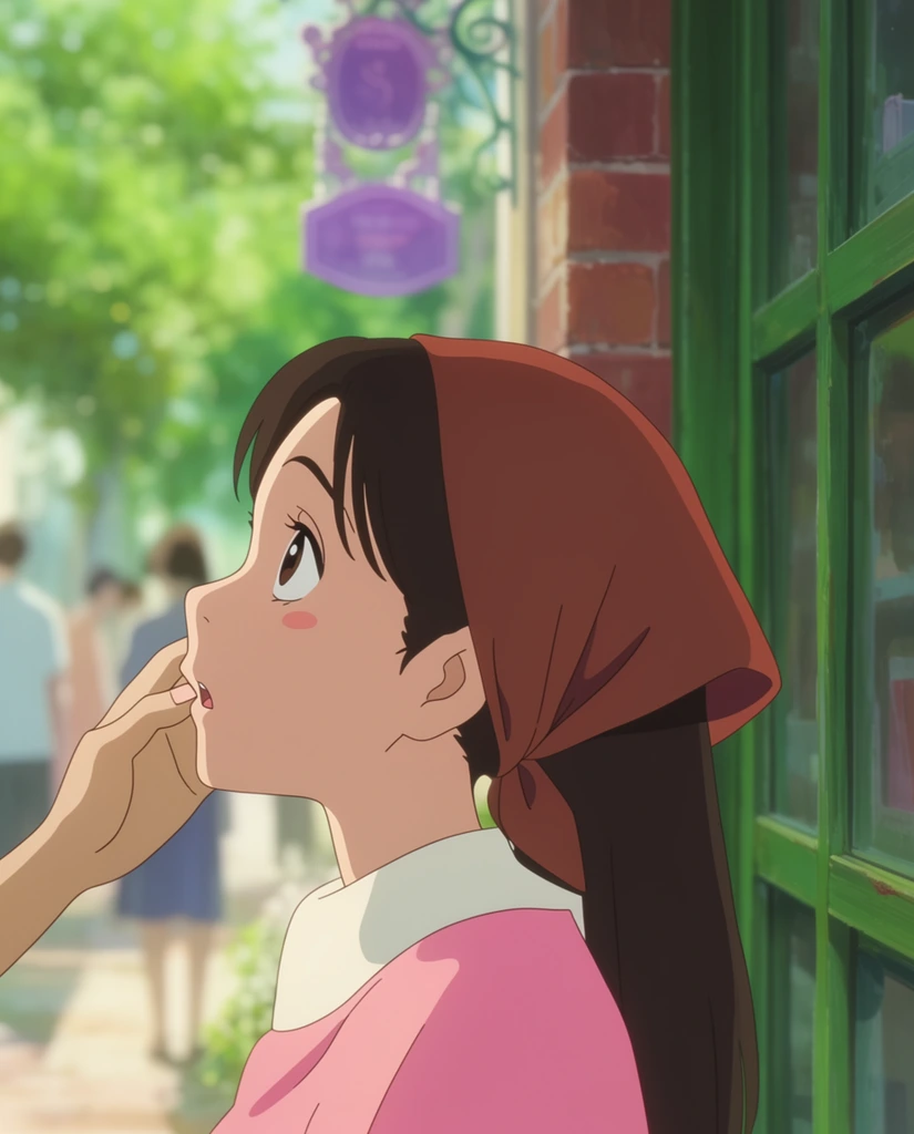 anime-style profile of a young woman looking up with a surprised expression, dark brown hair under a reddish-brown tied headscarf, wearing a pink top and white collar, an out-of-frame hand gently touching her cheek, sunlit outdoor setting, green framed window against a red brick wall, shallow depth of field, heavily blurred background with pedestrians and green foliage, hanging purple decorative sign, soft cinematic sunlight, vibrant pastel colors, 2D animation aesthetic