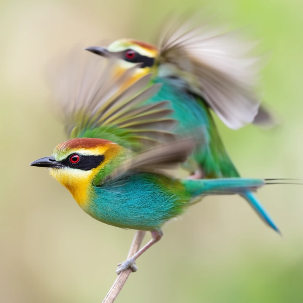 vibrant colorful bird perched on a slender twig in sharp focus, bright teal breast, golden yellow throat, chestnut crown, bold black eye stripe, vivid red eye, second bird in dynamic mid-flight directly behind, heavy motion blur capturing rapid wing beats, sweeping fan of blurred feathers, smooth creamy light green and beige bokeh background, wildlife photography, shallow depth of field, natural soft lighting, vivid colors, contrast between stationary sharpness and kinetic motion blur