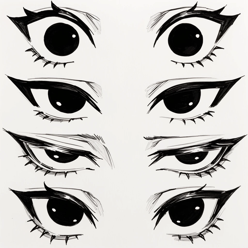 Four vertically stacked pairs of stylized black and white manga eyes on a plain background. The sharp ink-style sketches feature distinct eye shapes ranging from wide-open round irises to narrow, heavily lined half-closed gazes, all detailed with prominent thick upper eyeliner, solid black pupils with small white highlights, and distinct spiky lower eyelashes.
