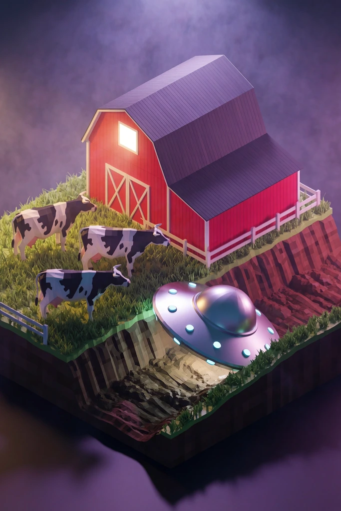 isometric 3D farm diorama, red barn with glowing window, three cows on grass, metallic UFO crashed in a trench, low-poly style, purple volumetric lighting