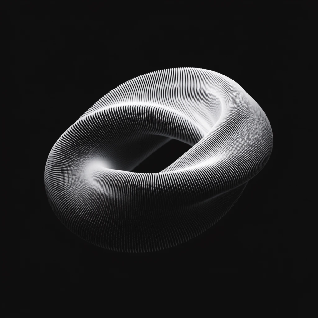 A 3D abstract twisted torus formed by glowing white vertical dotted lines floats against a solid black background. The infinity-shaped structure features bright highlights on its upper ridges that smoothly fade into deep shadows along the lower curves. Monochromatic generative digital art with minimalist composition and precise geometric particle rendering.