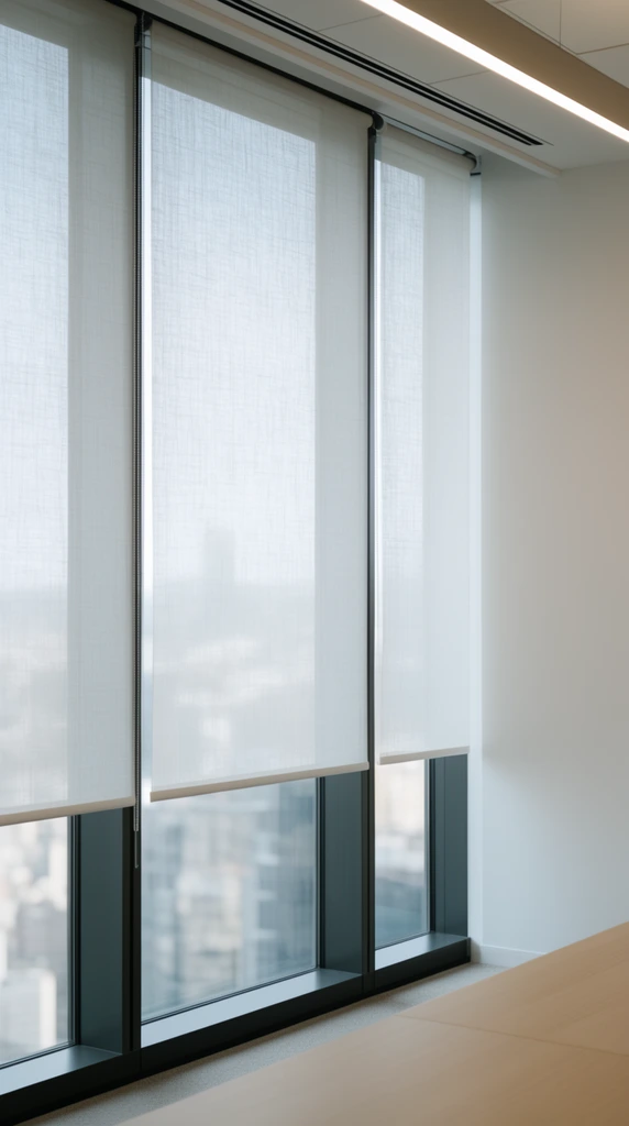 translucent white textured roller shades drawn over floor-to-ceiling windows, dark architectural frames, minimalist office interior, soft diffused daylight filtering through sheer fabric, out-of-focus cityscape visible outside, smooth white wall, light wood desk surface, linear LED ceiling fixture, clean lines, neutral color palette, architectural photography
