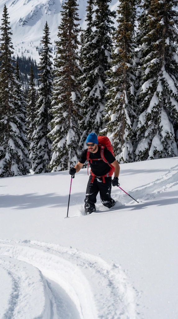 man trekking through deep powder snow, wearing a black short-sleeve shirt, black snow pants, bright red backpack, blue beanie, sunglasses, gripping ski poles with pink accents, leaning forward mid-stride, dense backdrop of tall snow-laden evergreen trees, sweeping tracks in untouched foreground snow, distant snowy mountain slope upper left, bright sunlight, crisp shadows, outdoor winter photography