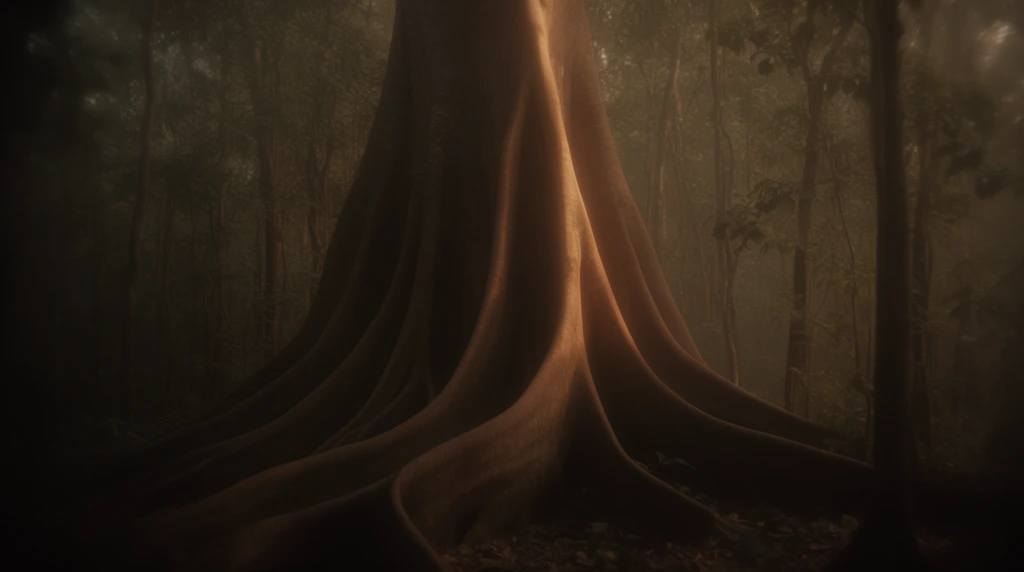 A colossal tree with sweeping, fin-like buttress roots dominates a shadowy, dense forest. Warm light strikes the right side of the central trunk, highlighting its smooth, undulating texture against the surrounding gloom. Slender trees fade into a misty background. The cinematic composition features deep earthy tones of sepia, dark green, and amber, utilizing low-key lighting, soft focus, and heavy edge vignetting to create a moody, ethereal atmosphere.