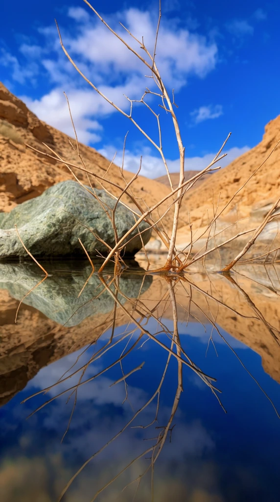 thin brittle leafless tan branches emerging from a perfectly still desert pool, flawless mirror reflection creating intricate symmetrical geometric shapes, large textured grey-green boulder resting at the waterline, steep arid canyon walls in warm ochre tones, pristine water reflecting fluffy white clouds and a vivid azure sky, extreme low angle nature photography, bright natural daylight, striking contrast between warm earth tones and cool deep blues, sharp focus on intersecting twigs