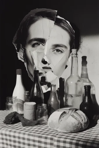Monochrome Surrealist Collage style reference image — torn paper edges