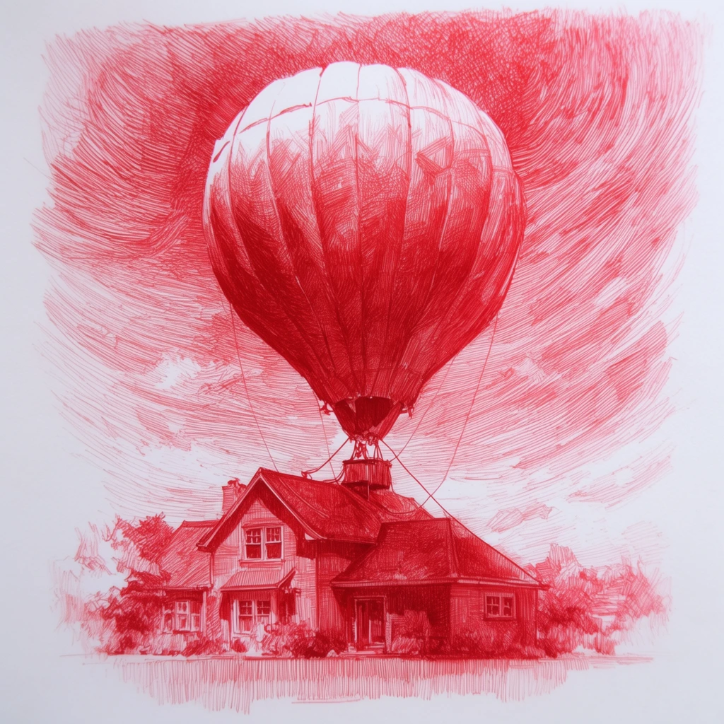 A monochromatic red ink drawing on stark white paper depicting a massive hot air balloon tethered to a house. The entire composition is meticulously rendered using varying densities of a single vibrant red hue through intricate cross-hatching, contour hatching, and fine parallel linework. A large, voluminous hot air balloon dominates the upper center, connected by thin, taut ropes to the roof and surrounding yard of a detailed residential house situated directly below it. Heavy concentrations of overlapping red strokes build deep shadows and rich architectural textures across the house and the curved fabric of the balloon, while sparse, widely spaced lines allow the pristine white paper to show through as bright highlights. The surrounding sky is constructed from dynamic, sweeping, curved red lines that radiate in swirling, energetic patterns, forming a heavily textured, atmospheric backdrop. The dense linework of the central scene gradually tapers off and dissolves towards the margins, leaving the outer edges of the image as blank white space to create a soft, natural vignette.