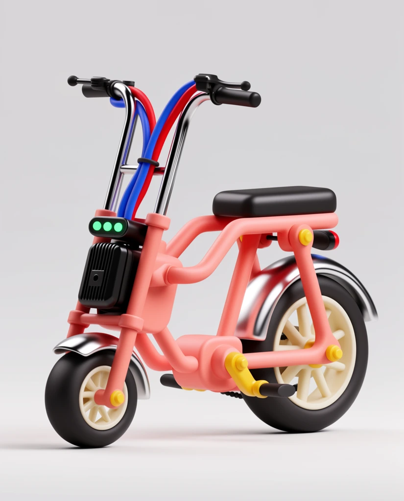 stylized 3D render of an electric minibike, toy-like aesthetic, salmon pink tubular frame, small front tire, large rear tire with cream spokes, metallic silver fender, chrome handlebars with black grips, front-mounted black power unit, thick blue and red flexible cables, yellow hardware accents, three glowing green indicator lights, smooth matte and glossy textures, soft studio lighting, light grey seamless background, clean composition, minimalist design