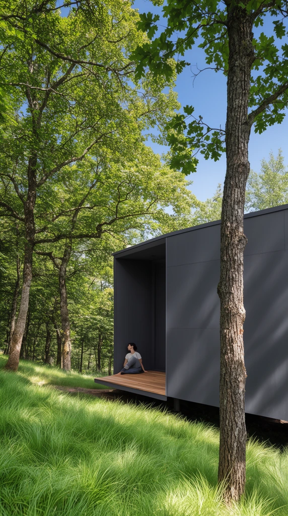 A minimalist dark gray cabin sits nestled in a lush sunlit forest. A person rests on a recessed wooden deck on the structure's left side. A prominent tree with textured bark frames the right foreground, overlapping the sleek matte exterior. Vibrant tall green grass covers the sloping ground beneath mature leafy trees. Bright natural daylight filters through the woodland canopy against a clear blue sky, contrasting modern architecture with the vibrant organic environment.