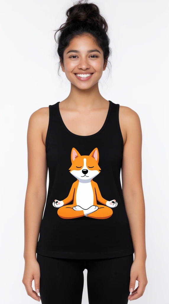 smiling young woman with dark hair in a high messy bun, black scoop neck tank top featuring a graphic of an orange and white cartoon dog in a cross-legged lotus meditation pose with closed eyes, black leggings, front-facing portrait, bright even studio lighting, plain white background