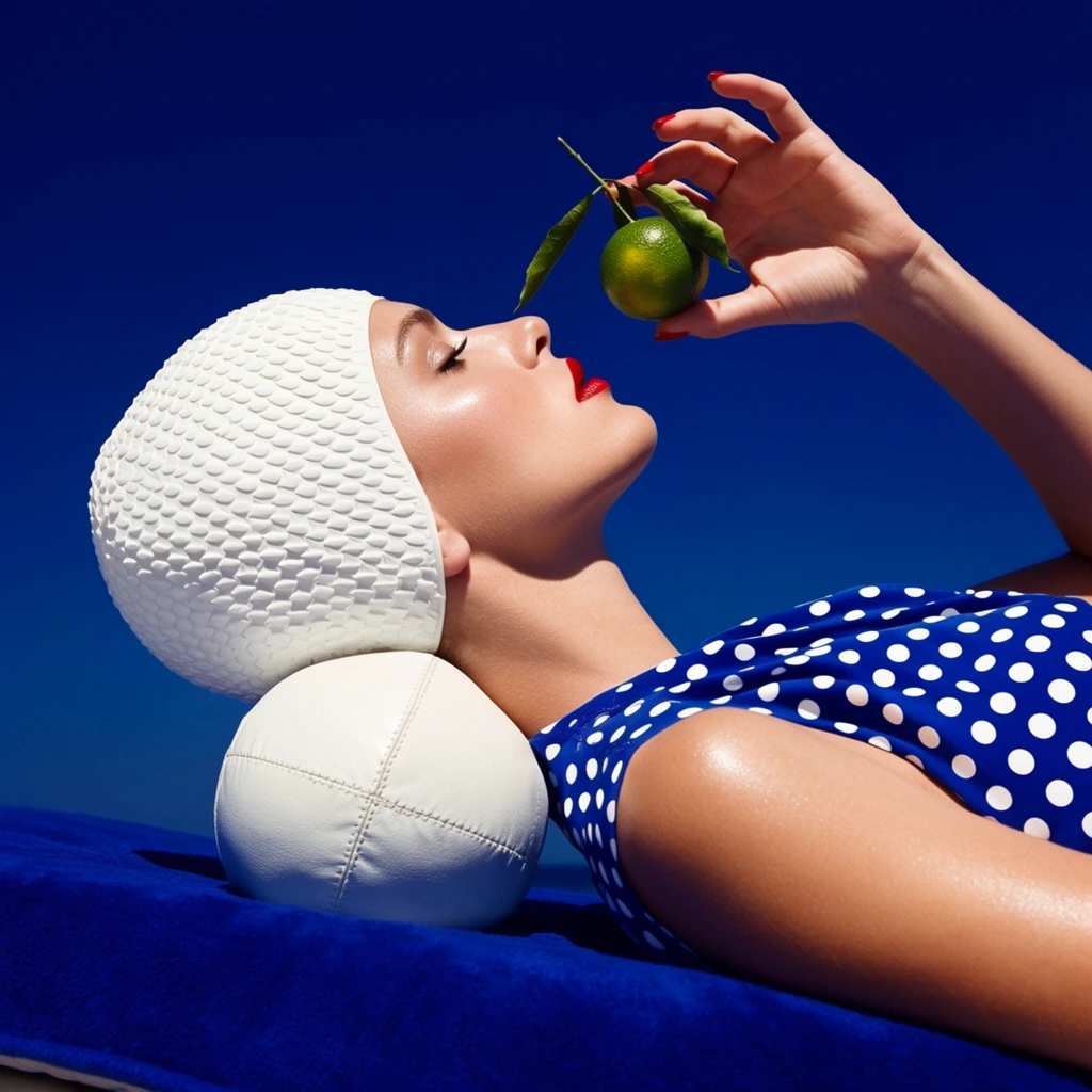 A high-contrast editorial fashion portrait of a woman reclining in profile under a deep cobalt blue sky, holding a small green citrus fruit near her face. She wears a textured white vintage swim cap, vibrant red lipstick, and a sleeveless blue top patterned with white polka dots. Her head rests on a small white stitched ball atop a plush blue lounge surface. Her red-manicured fingers elegantly pinch the fruit's leafy stem. The hyper-saturated color palette heavily features bold primary blues, stark whites, and vivid reds. Hard, direct sunlight casts sharp, dramatic shadows across her neck and the white ball, emphasizing a glossy, surreal aesthetic with meticulous framing and crisp photographic focus.