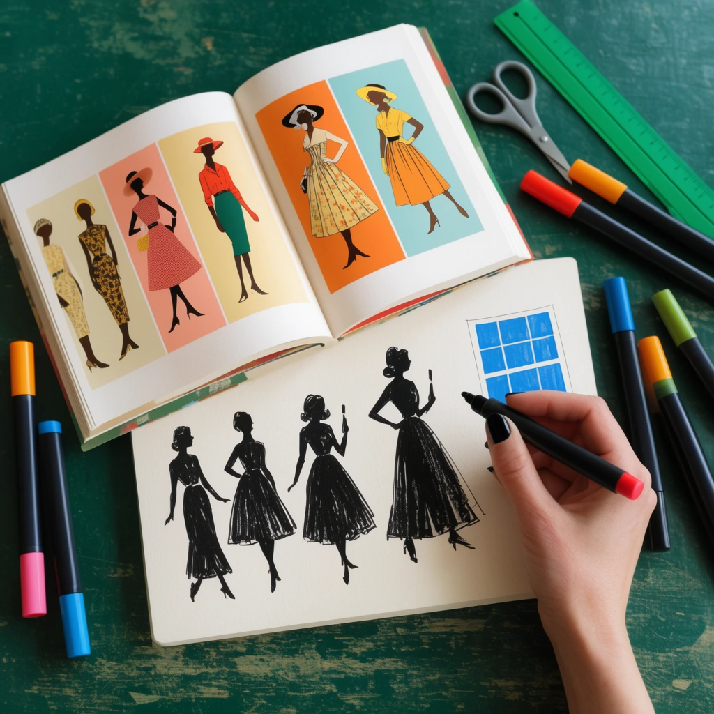 overhead flat-lay of a distressed dark green desk, hand with black nails holding a marker sketch of retro black silhouettes and a blue window, open art book beneath displaying colorful mid-century fashion silhouette panels, scattered markers with bright caps, grey scissors, green ruler, soft overhead lighting