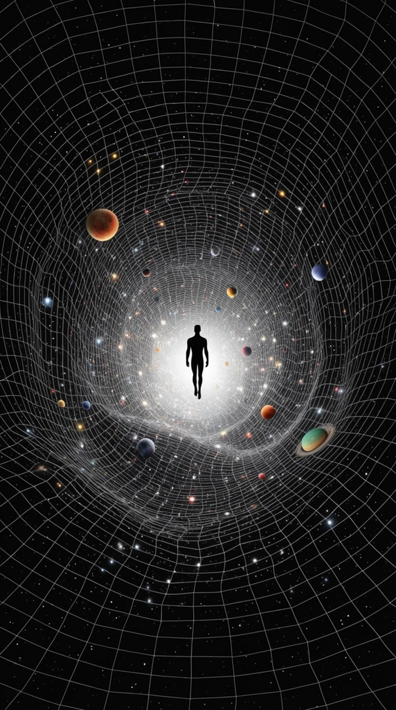 floating black human silhouette centered in a cosmic wormhole, warped 3D white wireframe grid funneling inward against a pitch-black void, scattered colorful planets and glowing stardust, blinding white light at the deep vanishing point, surrealist space art, high contrast minimalist line drawing, profound depth