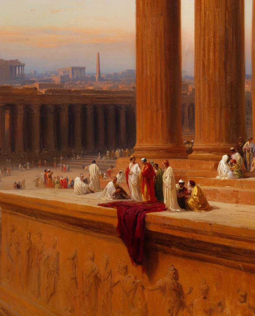 A grand romantic oil painting depicts miniature robed figures gathered on the monumental stone terraces of an ancient temple complex. A high ochre stone balcony in the foreground features bas-relief carvings along its face. Expressive figures in flowing white, red, and gold garments congregate near the edge beside a deep crimson cloth draped over the ledge. Massive fluted sandstone columns rise out of frame to the right, emphasizing the immense scale. A lower terrace holds scattered crowds moving toward a distant heavy colonnade. The background reveals a vast city of ancient monuments and a distant obelisk silhouetted against a hazy sky of pale orange and blue light. The artwork features a warm earthy color palette of terracotta and gold rendered with loose brushstrokes and theatrical lighting.