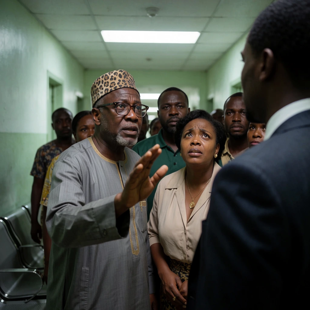 A cinematic over-the-shoulder shot captures an intense confrontation in an institutional corridor. An older man in a grey tunic, glasses, and a leopard-print cap gestures with an open palm toward a foreground figure in a dark suit facing away from the camera. Beside the gesturing man, a woman in a beige blouse and gold necklace looks up with a pleading expression. Onlookers cluster closely behind, including a man in a green collared shirt. The pale green hallway features a fluorescent ceiling light and dark waiting chairs, rendered with a shallow depth of field focusing on the tense emotional exchange.
