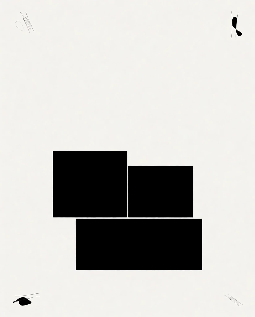 minimalist graphic design composition, stark black geometric block shapes arranged centrally, vast warm off-white background, dominating negative space in the upper half, smaller delicate abstract marks clustered near the corners, extreme high contrast, clean sharp edges, flat solid colors, balanced asymmetry, abstract poster design aesthetic, pristine untextured surface