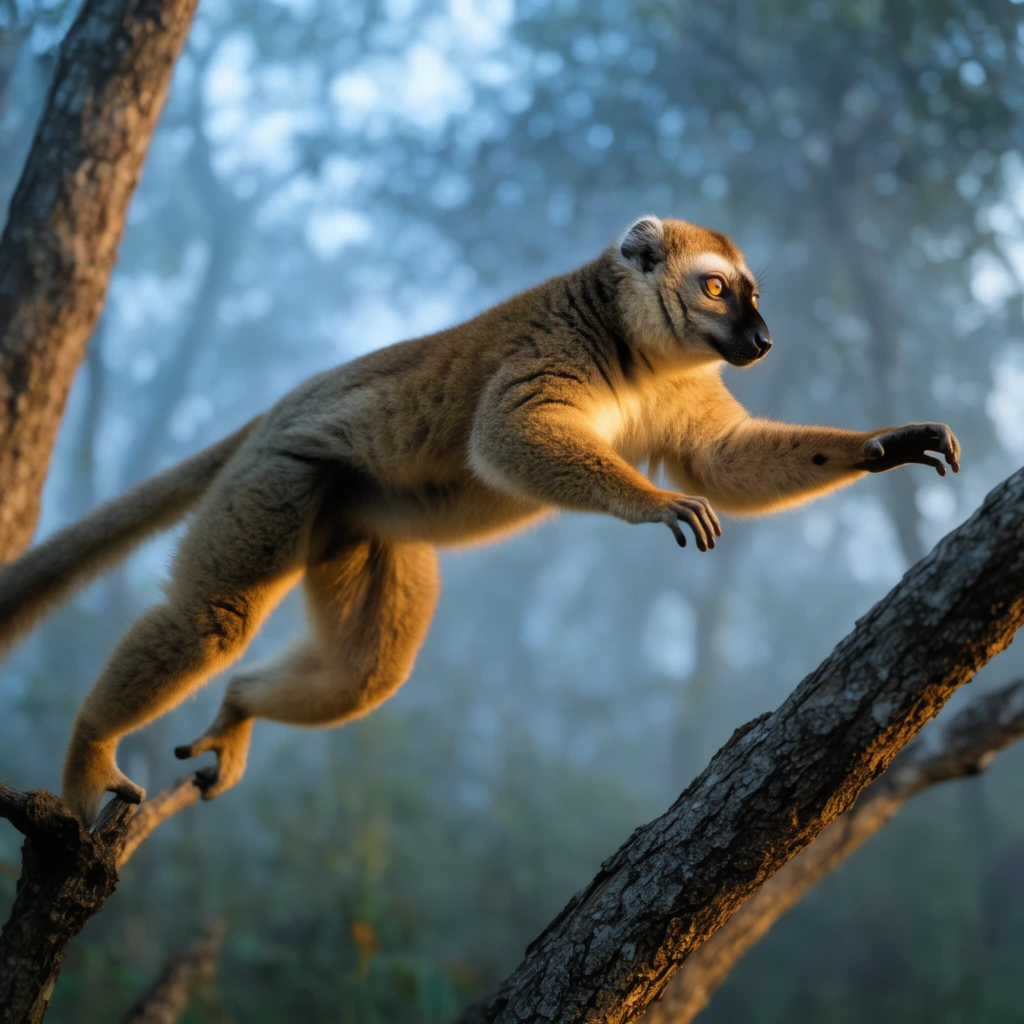 tan lemur leaping mid-air between rough tree branches, forepaws extended forward, warm golden hour sunlight illuminating thick fur, trailing tail, soft bokeh forest background, hazy cool blue atmospheric canopy, dynamic wildlife photography, cinematic lighting