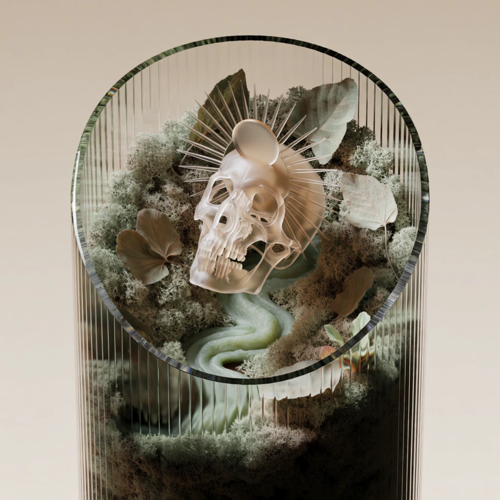 macro 3d render of a skeletal sun-disc skull suspended over a sinuous winding river, encased in a vertical fluted glass chamber with refracting ribbed textures, internal habitat of dense desaturated green moss and botanical specimen leaves, muted bone and sage palette, soft diffused studio light, caustic glass shadows, hyper-realistic translucent textures, minimalist organic surrealism, set against a neutral warm beige void, sharp focus with subtle depth of field.