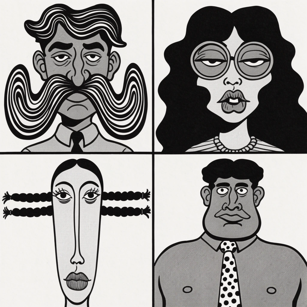split-panel black and white surreal caricature illustration, flat halftone textures, man with an exaggerated wavy mustache, heavy-lidded woman in round glasses, severely elongated female face with horizontal braids, broad-shouldered man in a polka-dot tie, extreme anatomical distortion, vintage underground comix aesthetic, bold psychedelic line art