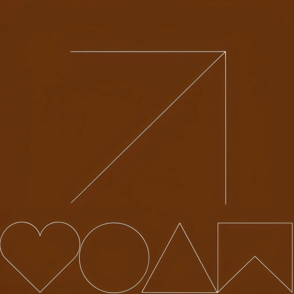 A minimalist digital composition on a solid, warm dark brown background, accented by stark, razor-thin white line art. A stylized upward-pointing diagonal arrow dominates the center, accompanied by delicate geometric outlines of a heart, circle, triangle, and banner at the bottom edge, establishing a precise, modern aesthetic.